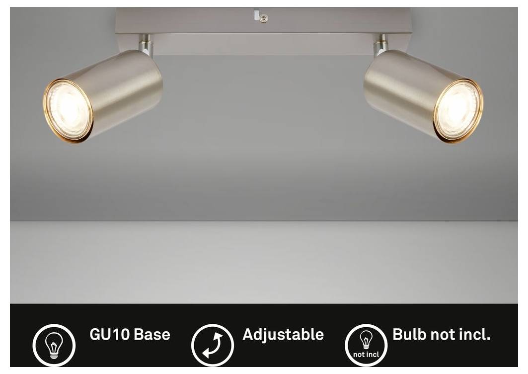 Due faretti orientabili in metallo spazzolato con attacco GU10 montati su una barra da soffitto, mostrati con icone che indicano la base GU10 e lampadine non incluse.