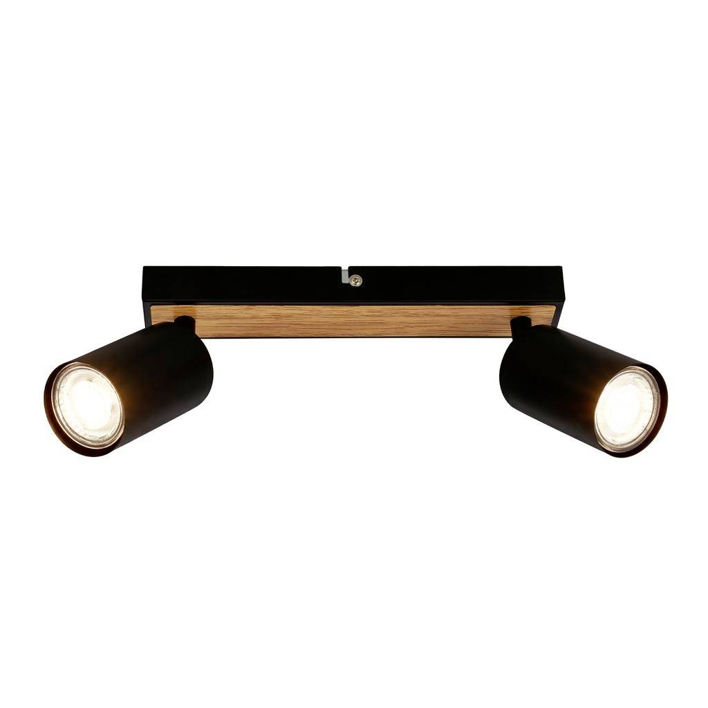 Applique da parete doppia con faretti neri, accento in legno e due lampade illuminate regolabili