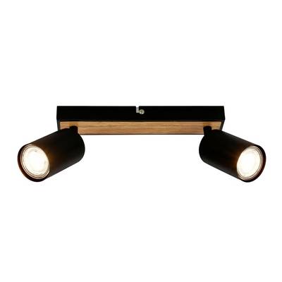 Applique da parete doppia con faretti neri, accento in legno e due lampade illuminate regolabili