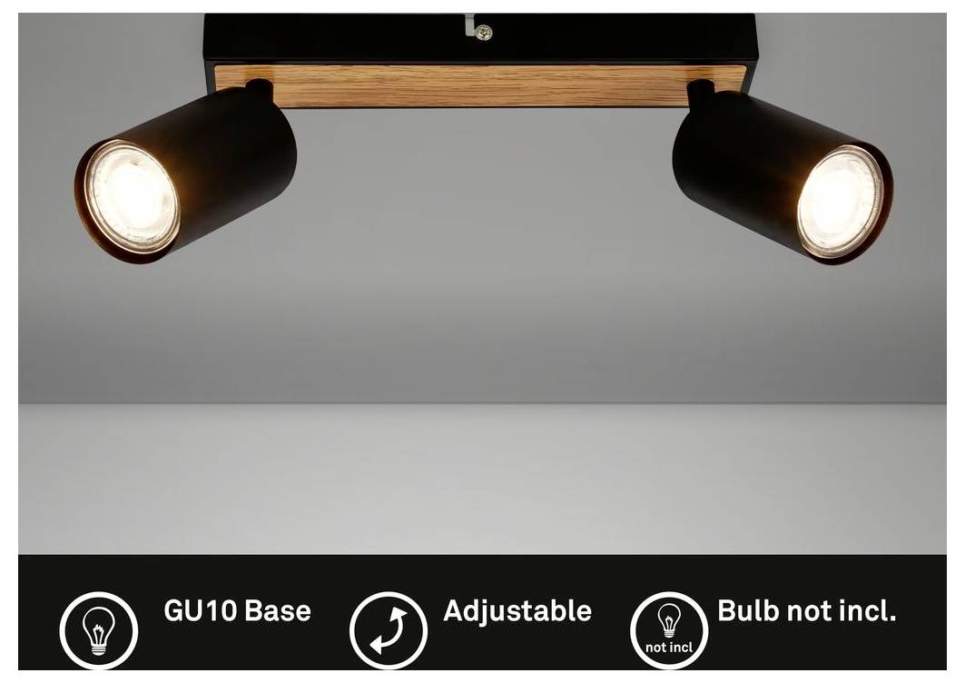 Faretto da soffitto a due luci colore nero con testine GU10 orientabili; lampadine non incluse.