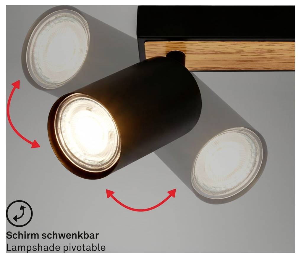Lampada spot nera regolabile con testa girevole, mostrata mentre ruota per indirizzare la luce; il testo recita "Paralume girevole" e "Schirm schwenkbar".