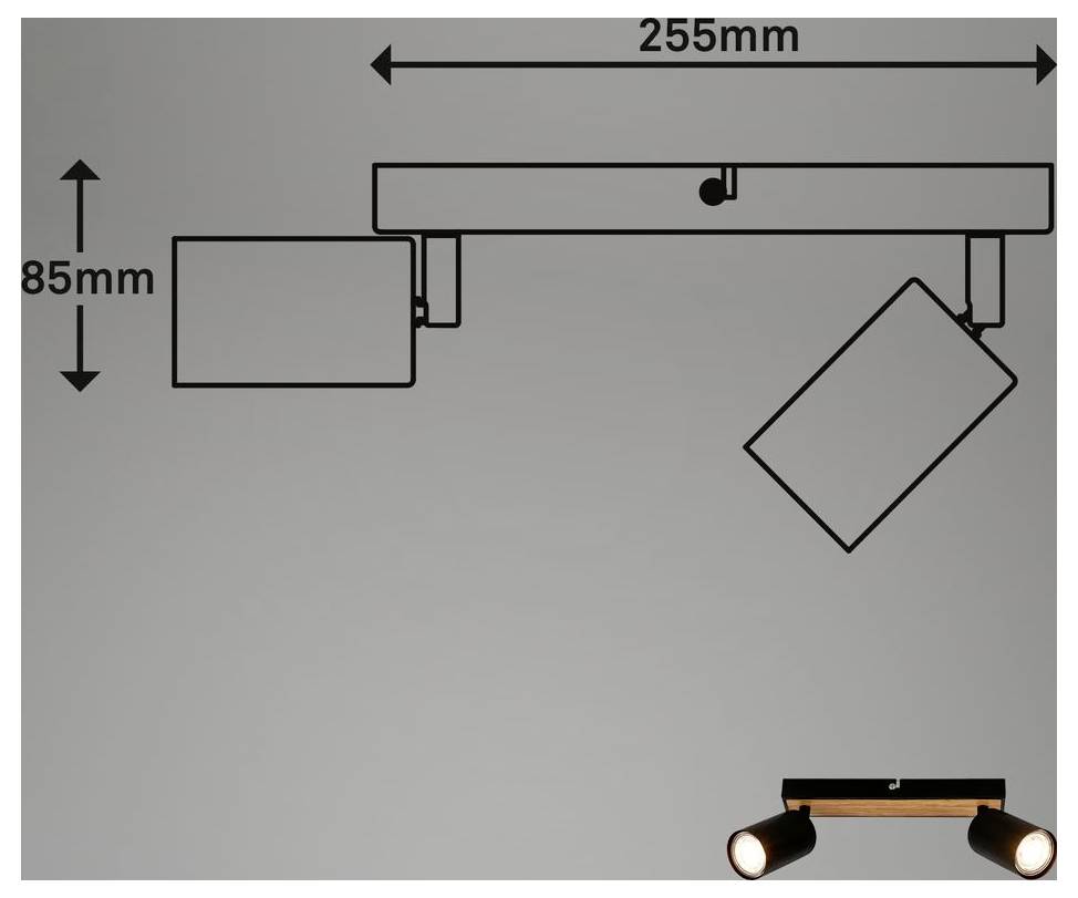 Diagramma di un faretto a binario a soffitto con dimensioni: 255 mm di larghezza e 85 mm di altezza, con due testine di faretto orientabili.