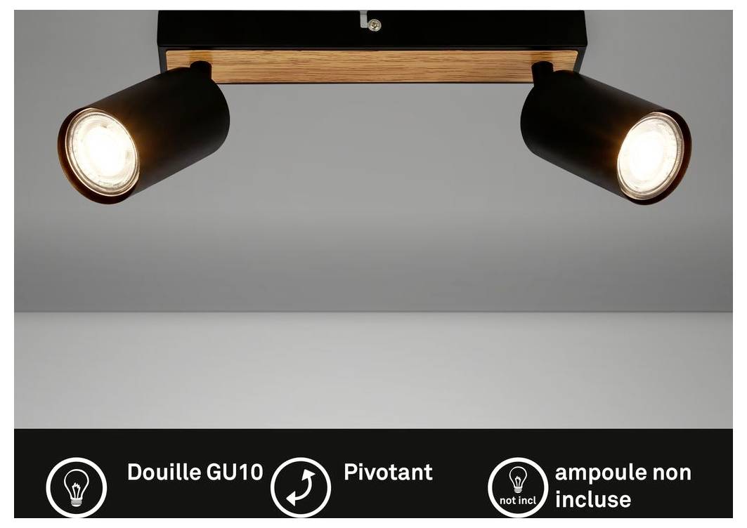 Due faretti GU10 neri regolabili su una staffa di montaggio in legno per il soffitto, con icone che indicano la rotazione e che le lampadine non sono incluse.