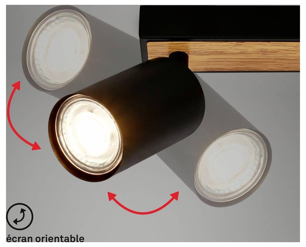 Faretto orientabile nero con una lampadina accesa mostrato mentre ruota in diverse direzioni; le frecce rosse indicano che la lampada può essere orientata.