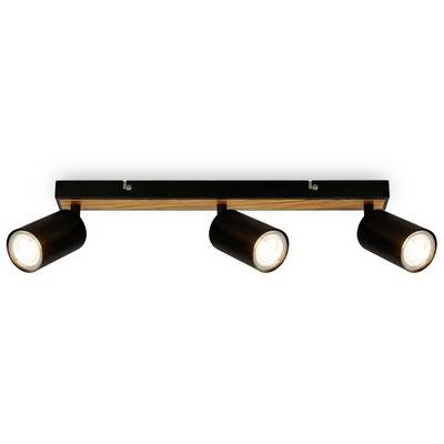 Plafoniera nera a tre luci con lampade cilindriche regolabili su barra con accenti in legno.