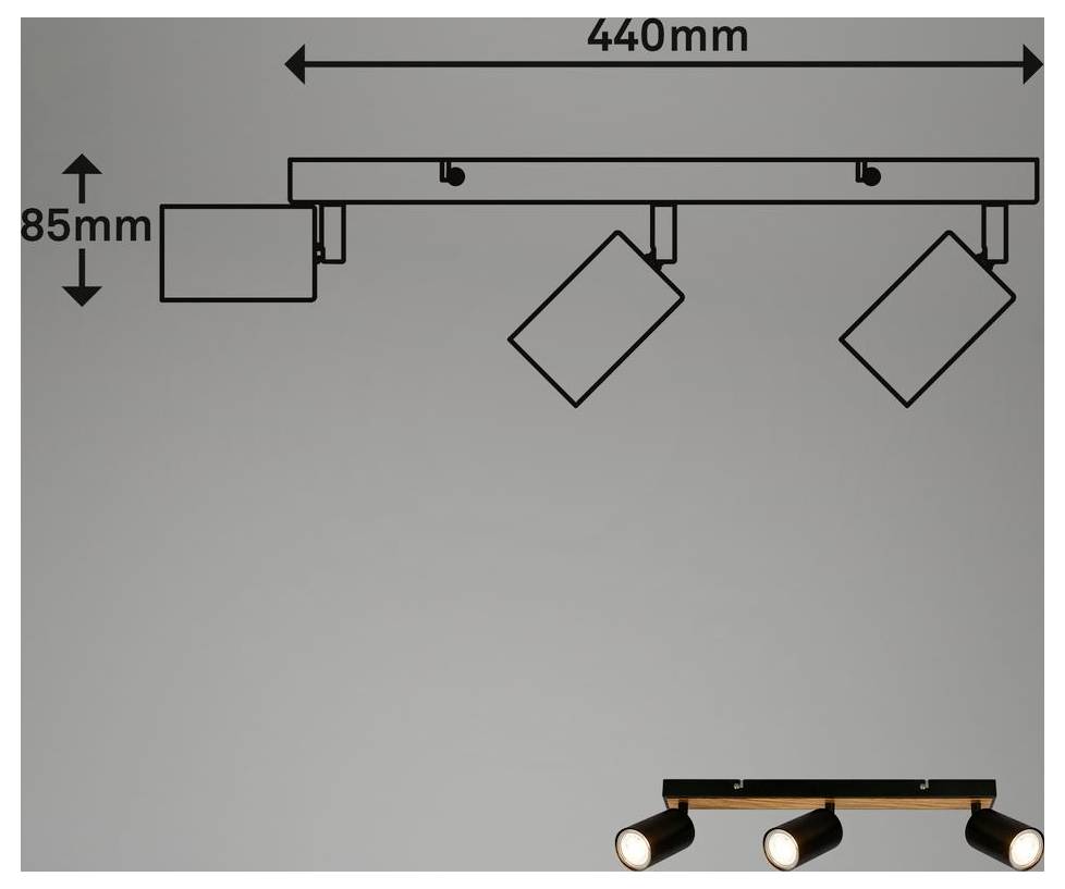 Diagramma di una plafoniera a binario che mostra una lunghezza del binario di 440 mm e un'altezza di 85 mm, con tre faretti orientabili montati sotto.