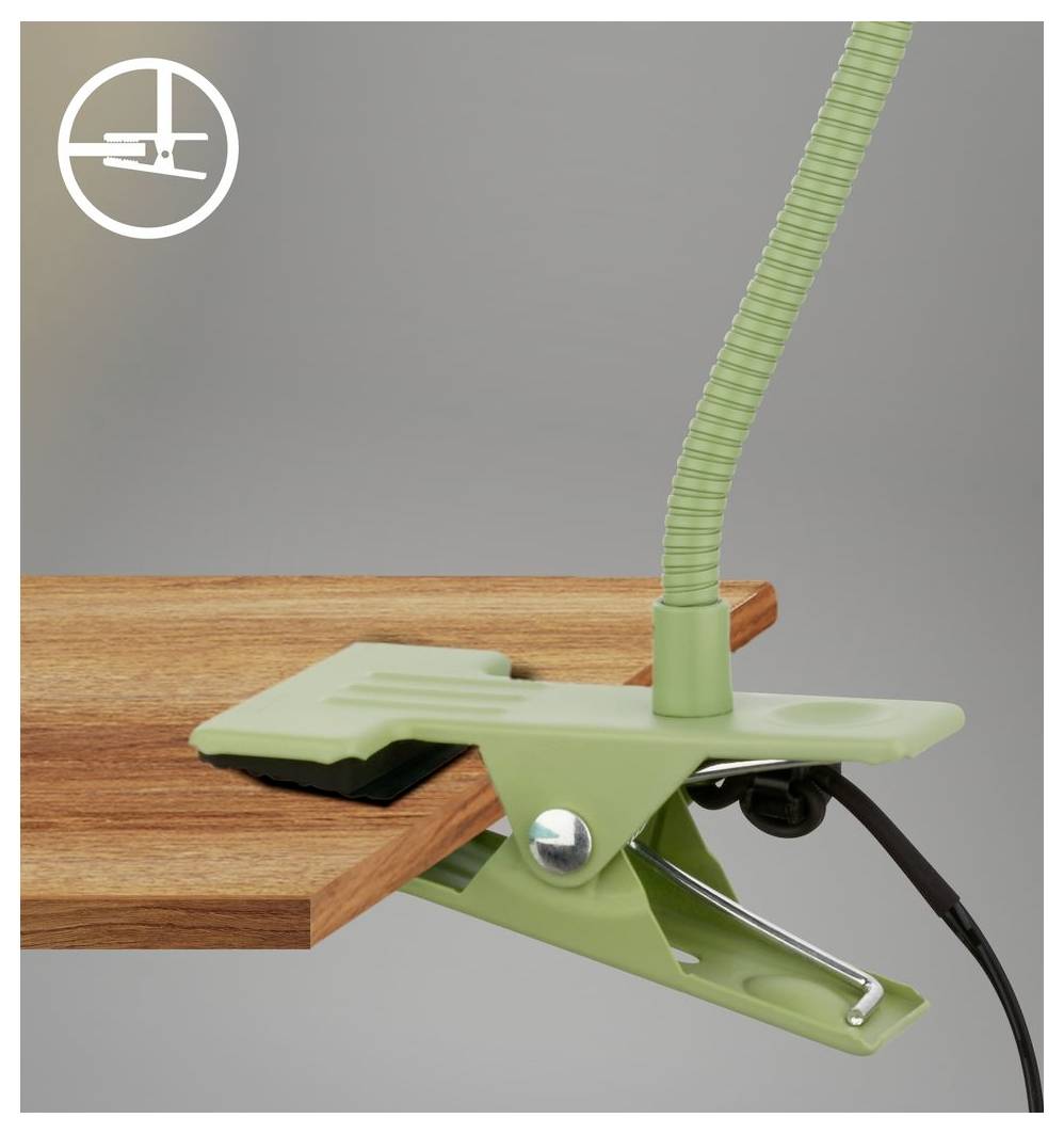 Lampada da scrivania verde con pinza di fissaggio appoggiata su un tavolo in legno, con collo di oca flessibile e cavo di alimentazione.