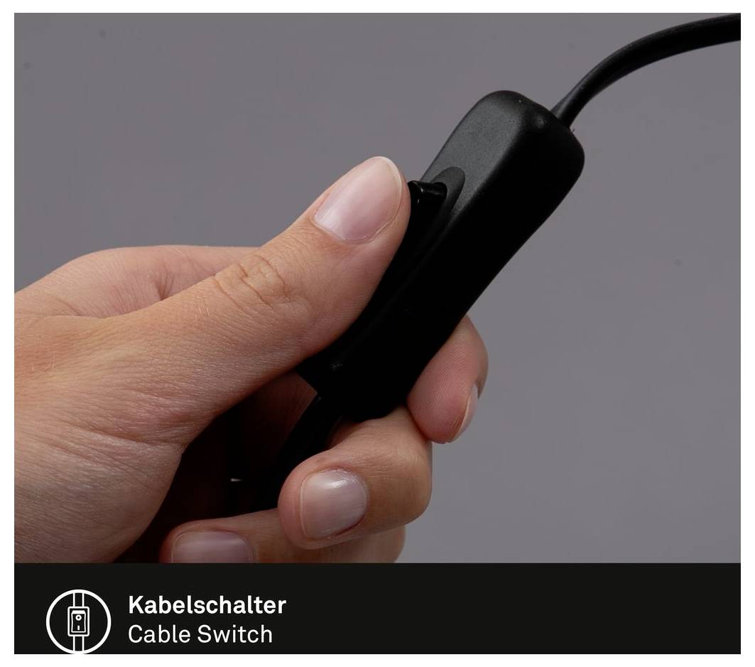 Mano che tiene un interruttore inline nero per cavo con un pulsante; l'etichetta riporta 'Kabelschalter' e 'Cable Switch'.