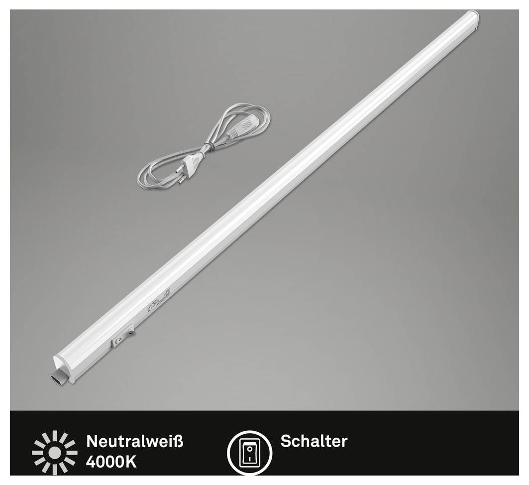 Barra luminosa LED bianca con cavo di alimentazione, etichettata Bianco neutro 4000K e Interruttore.