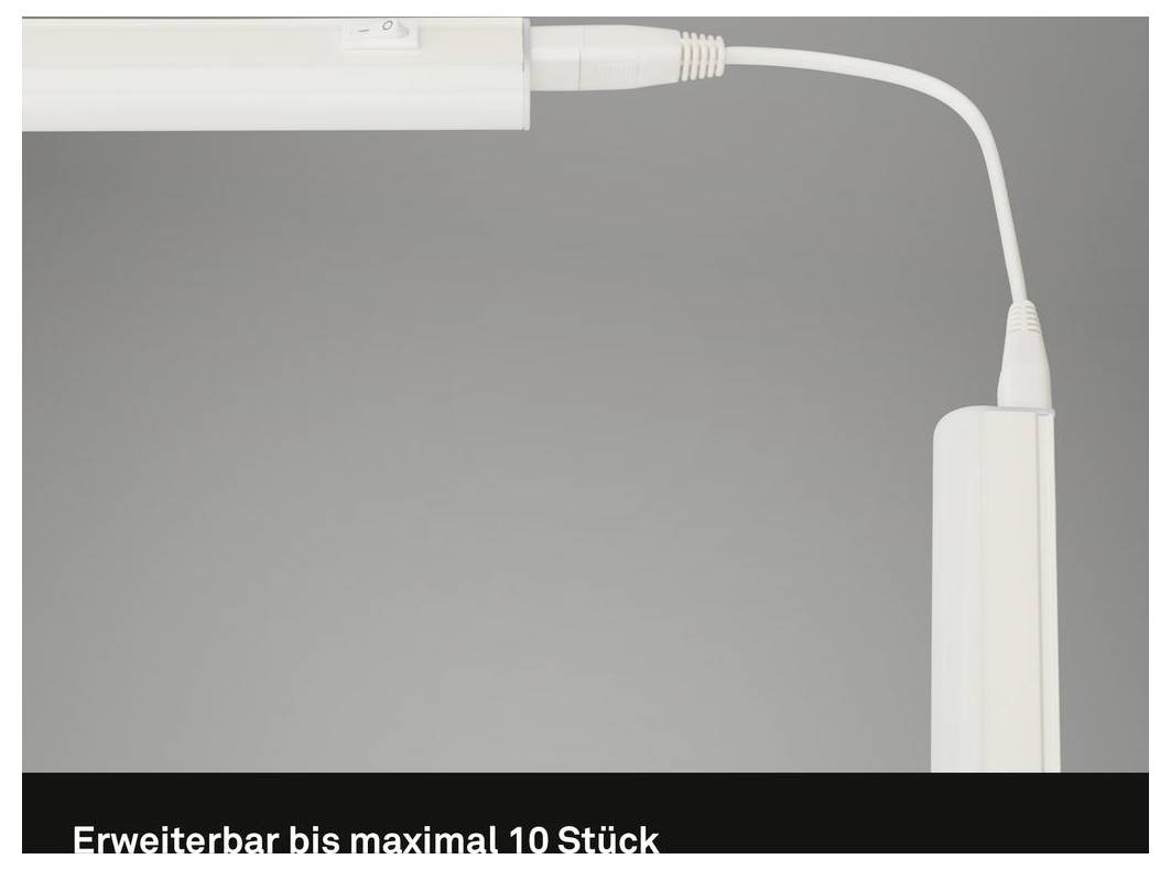 Primo piano di due barre luminose LED bianche collegate da un cavo, con testo in tedesco nella parte inferiore che recita "Erweiterbar bis maximal 10 Stück" a indicare espandibile fino a un massimo di 10 unità.