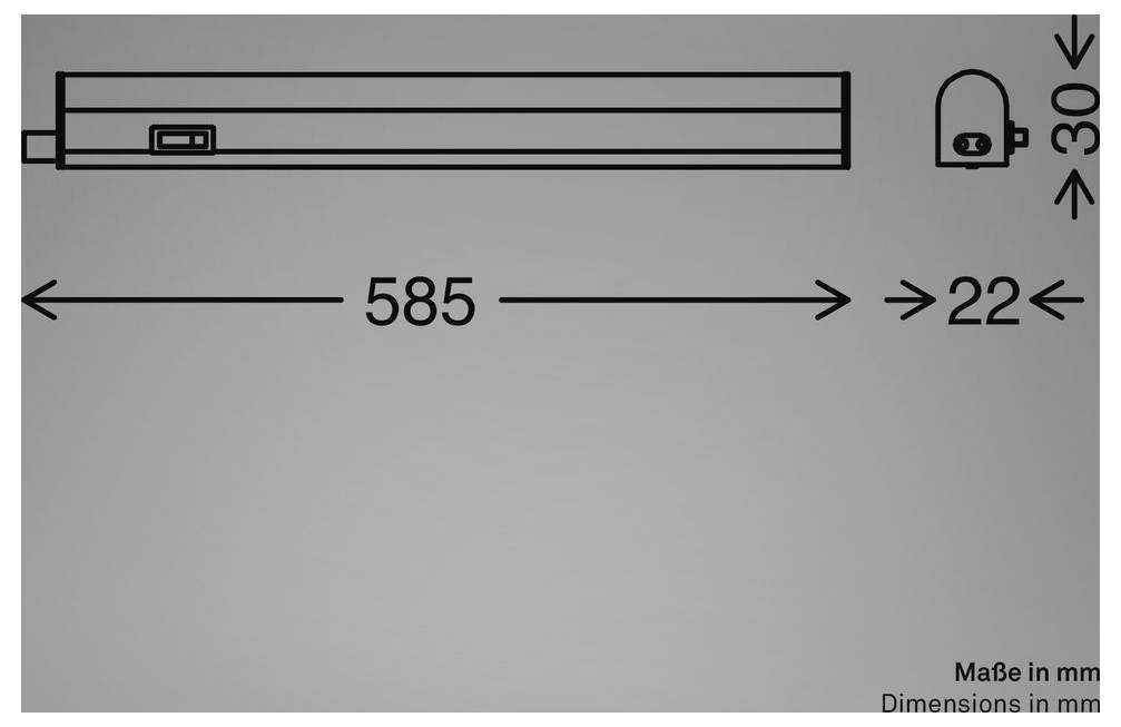 Disegno tecnico di un apparecchio illuminante rettangolare, che mostra dimensioni di 585 mm di lunghezza, 30 mm di altezza e 22 mm di larghezza.