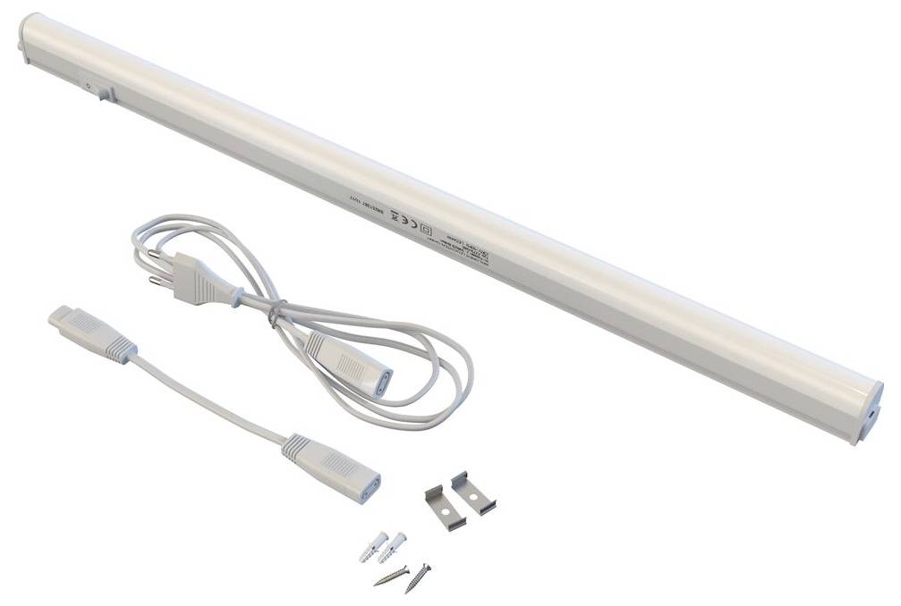 Barra luminosa LED bianca lunga con cavo di alimentazione, cavo connettore, clip di montaggio, viti e tasselli su sfondo bianco.