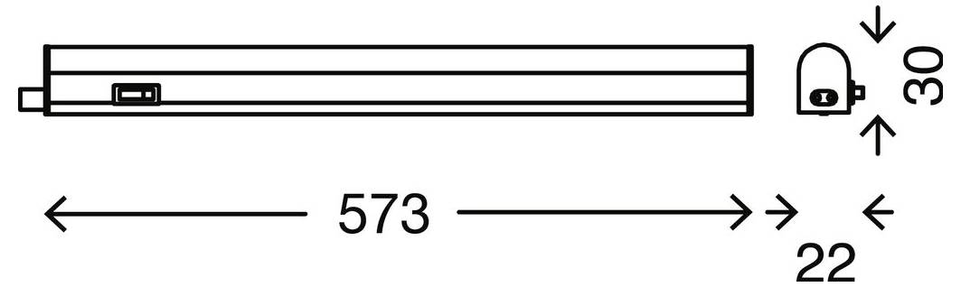 Disegno tecnico di una barra rettangolare lunga 573 unità e alta 30 unità, con un piccolo raccordo terminale; uno scostamento di 22 unità è mostrato sul lato destro.