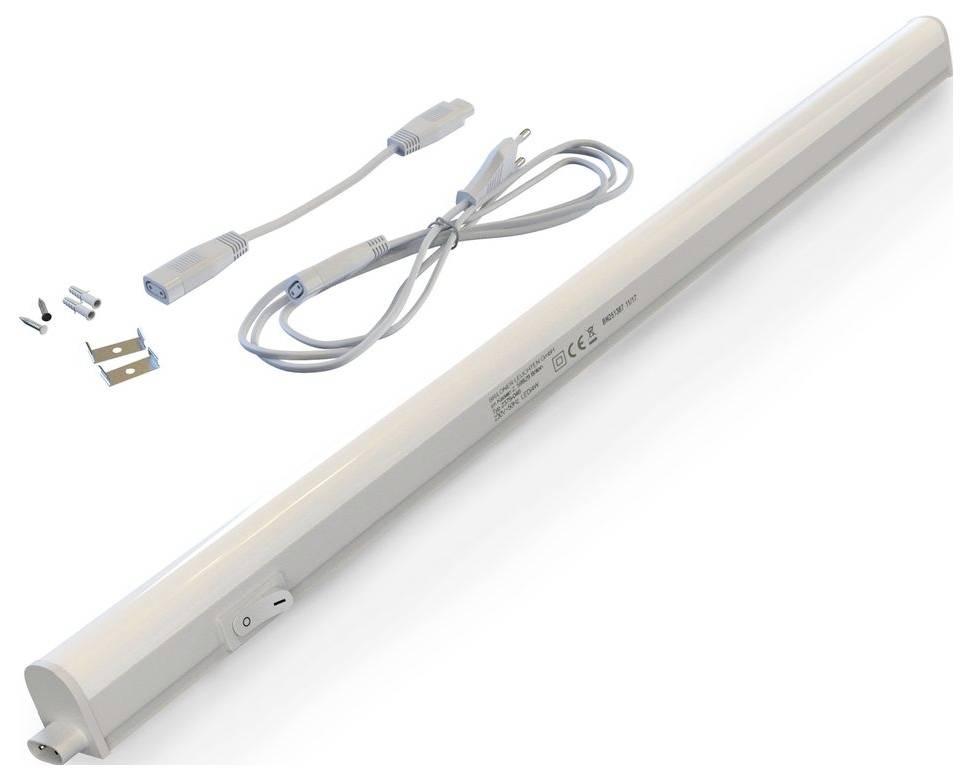 Apparecchio di illuminazione a LED da sotto il mobile con cavo di alimentazione, cavi di connessione, staffe di montaggio e viti incluse su sfondo bianco.
