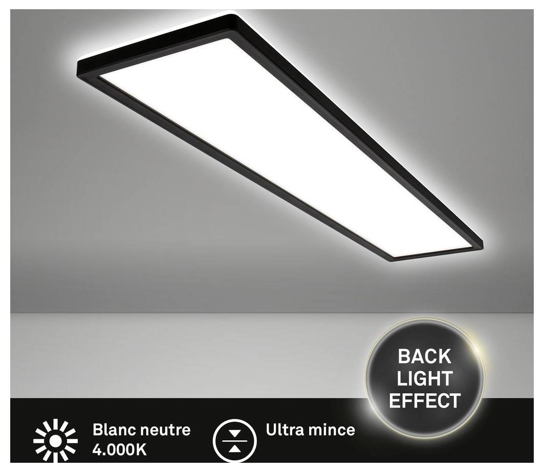 Plafoniera LED rettangolare sottile con retroilluminazione, etichettata 'Bianco neutro 4.000K' e 'Ultra sottile'.