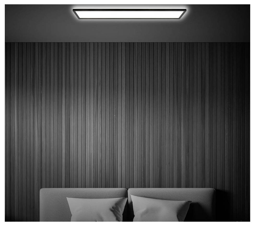 Camera da letto minimalista con pannellatura scura verticale alle pareti, una plafoniera al soffitto e la parte superiore di un letto con due cuscini visibili nella parte inferiore.