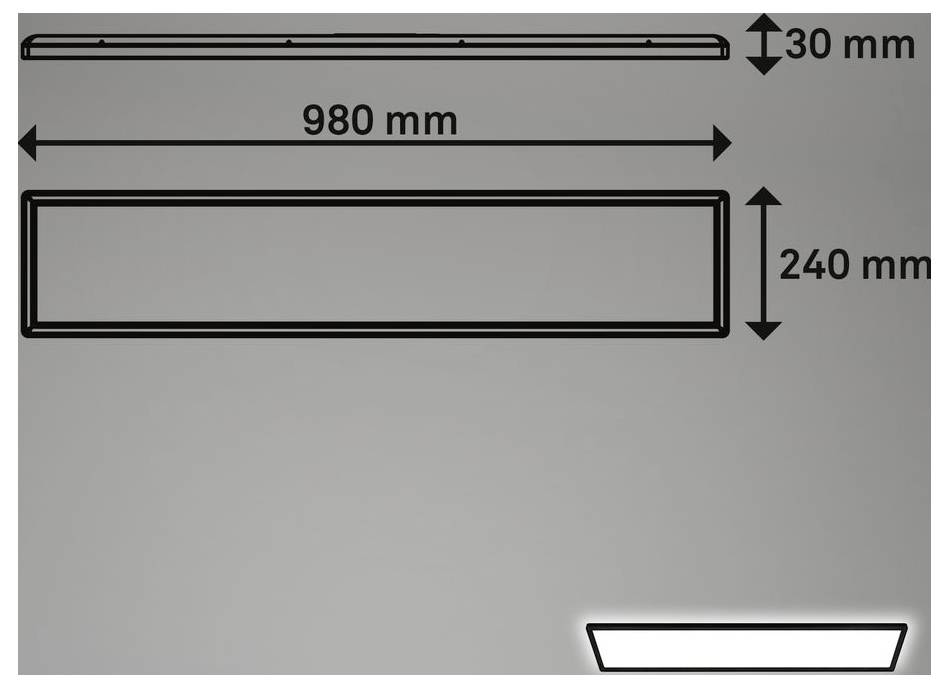 Disegno tecnico di un pannello rettangolare, etichettato 980 mm di larghezza per 240 mm di altezza e 30 mm di spessore, con frecce di quotatura su uno sfondo grigio.