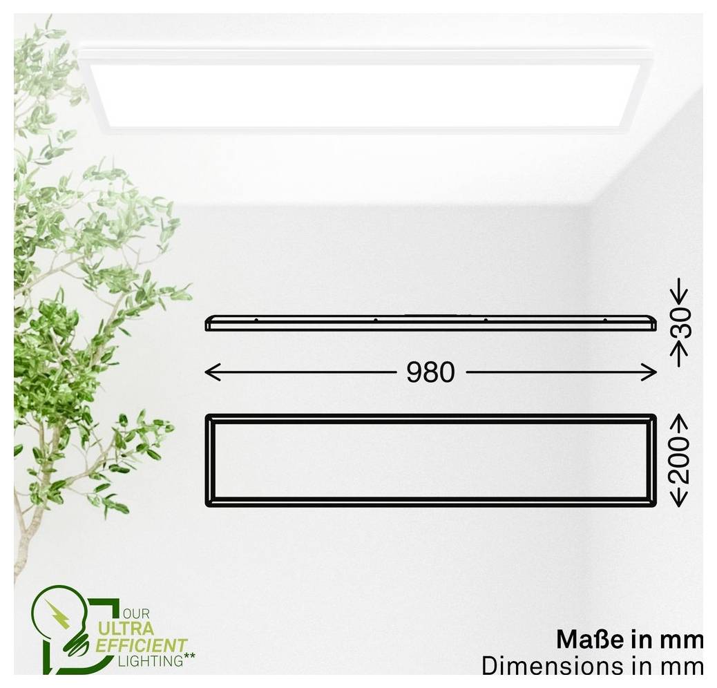 Diagramma dimensionale di un apparecchio di illuminazione rettangolare, etichettato con lunghezza 980 mm, larghezza 200 mm e profondità 30 mm.
