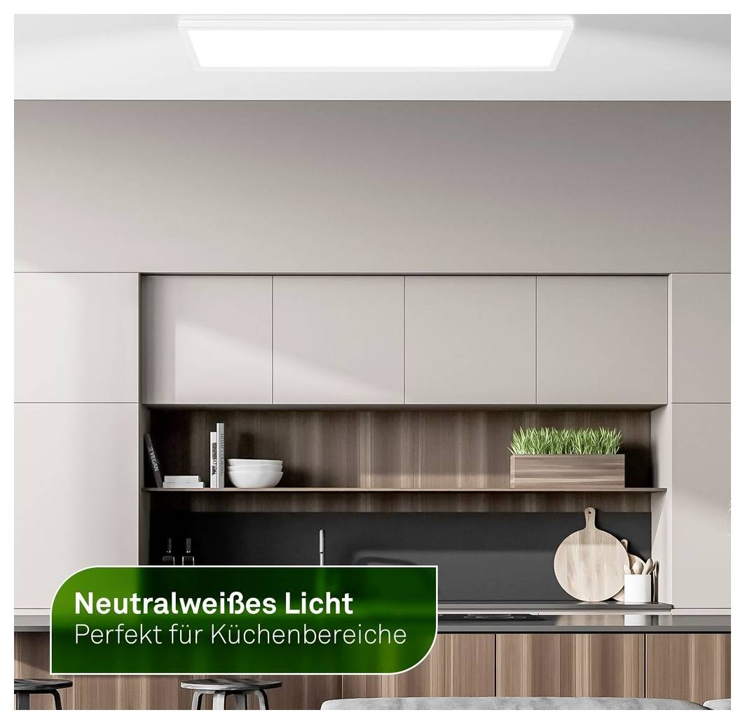 Interno cucina moderna con illuminazione bianca neutra; il testo in italiano recita "Luce bianca neutra" e "Perfetta per le aree della cucina".