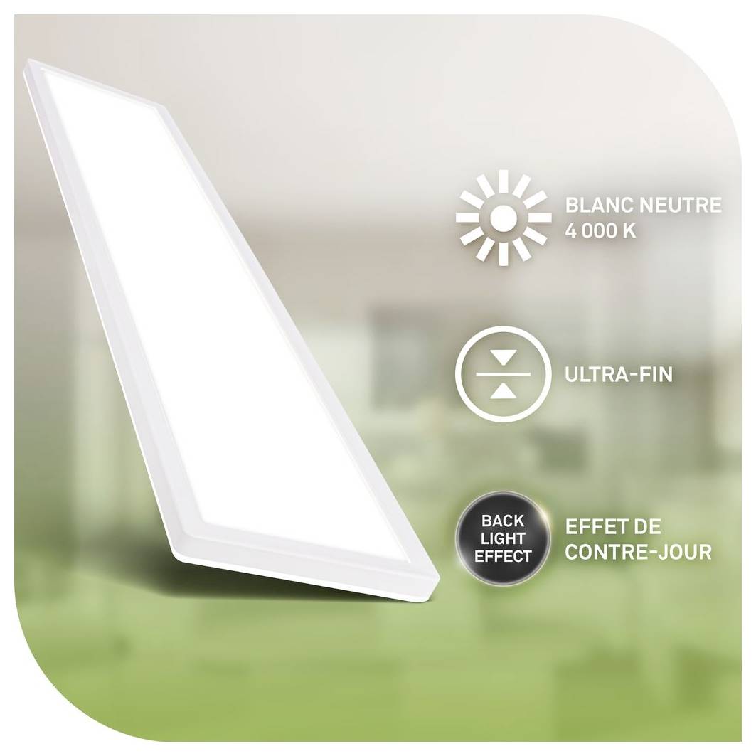 Pannello luminoso LED ultra-sottile bianco con didascalie "Bianco neutro 4000 K", "Ultra-sottile" e "Effetto retroilluminazione" su uno sfondo interno sfocato.