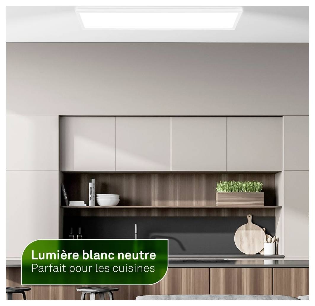 Interno cucina moderno illuminato da luce bianca neutra, con riquadro di testo in francese che recita "Lumière blanc neutre" e "Parfait pour les cuisines".