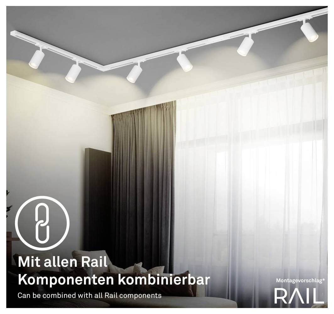 Illuminazione a binario da soffitto con più faretti in una stanza, etichettata 'Combinabile con tutti i componenti Rail' e 'Combinabile con tutti i componenti Rail'.
