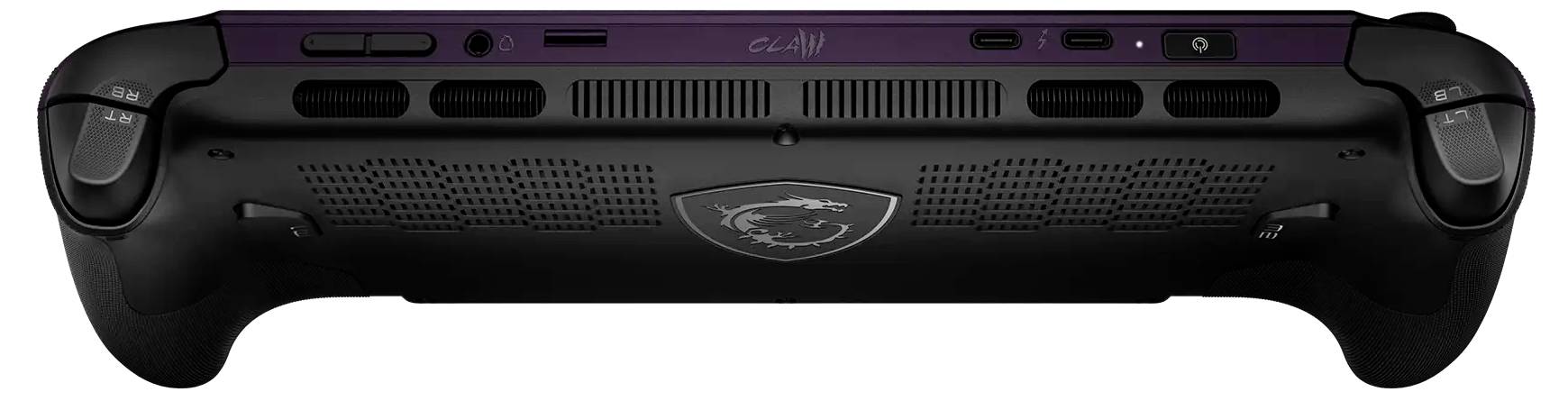 Vista posteriore di un laptop gaming MSI nero, che mostra prese d'aria posteriori, griglie degli altoparlanti e dettagli degli angoli curvi.