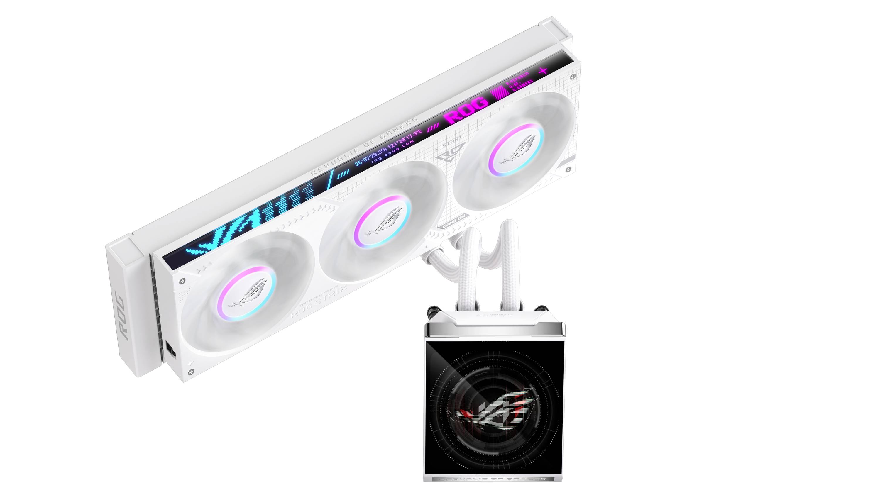 Refrigeratore CPU liquido bianco con tre ventole RGB e una pompa quadrata con logo ROG, mostrato in una presentazione in stile prodotto su sfondo bianco.