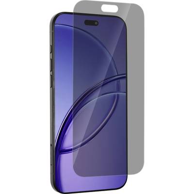 Pellicola protettiva per schermo dello smartphone allineata su un telefono nero, che mostra la copertura e il posizionamento dei ritagli per la fotocamera frontale e l'altoparlante.
