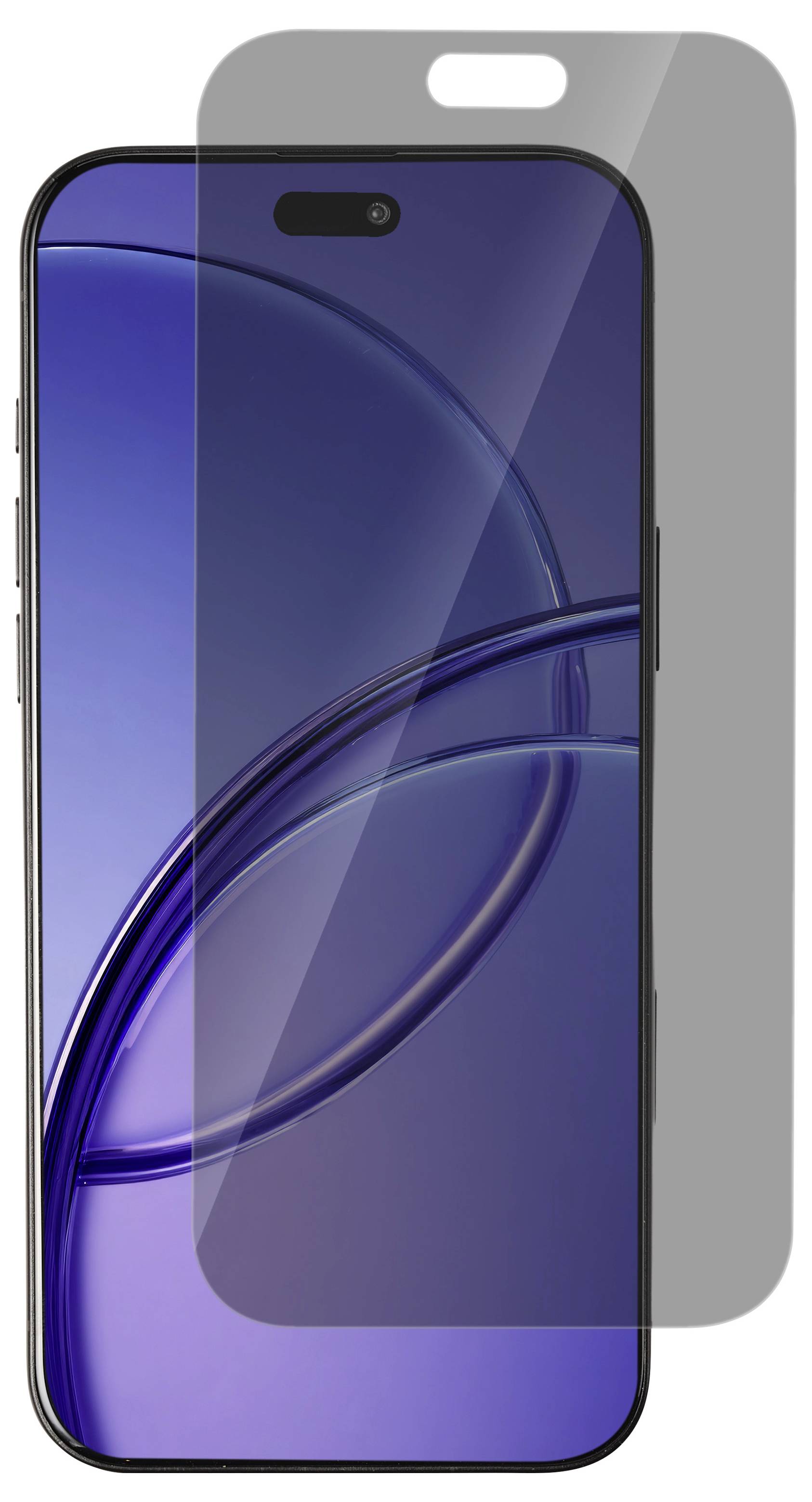 Protettore schermo per smartphone mostrato sopra un telefono blu, con un foro della fotocamera anteriore centrato e angoli arrotondati.