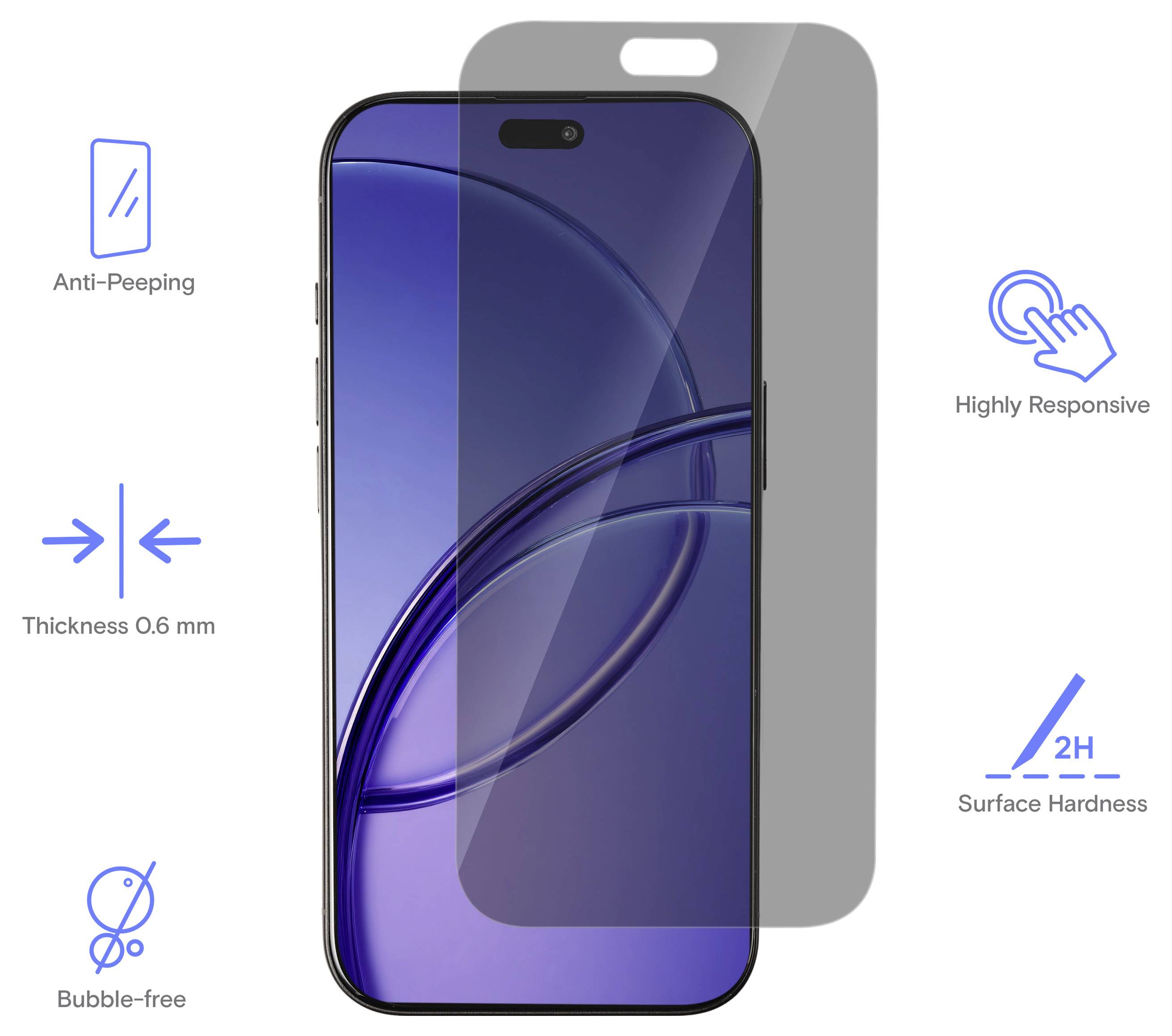 Illustrazione di una pellicola protettiva per schermo smartphone su un telefono, che evidenzia la protezione anti-sguardi indiscreti, spessore di 0,6 mm, installazione senza bolle, alta reattività e durezza superficiale 2H.