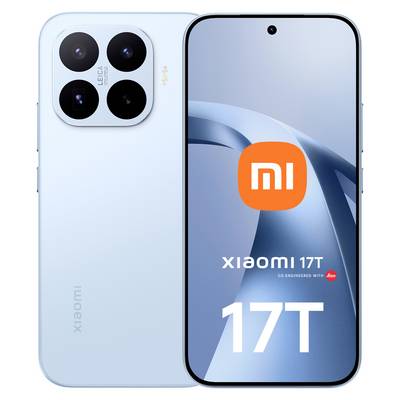 Smartphone Xiaomi 17T mostrato da davanti e da dietro in azzurro chiaro, con modulo fotocamera tripla posteriore e branding '17T' sul display.
