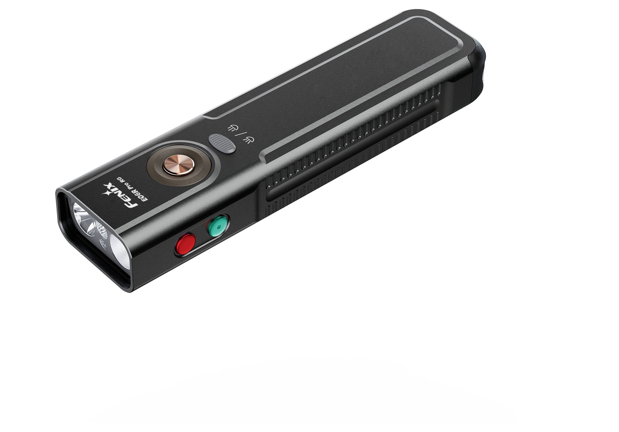 Dispositivo elettronico portatile nero con un pulsante circolare, due pulsanti laterali e un'apertura con lente anteriore, mostrato su uno sfondo bianco.