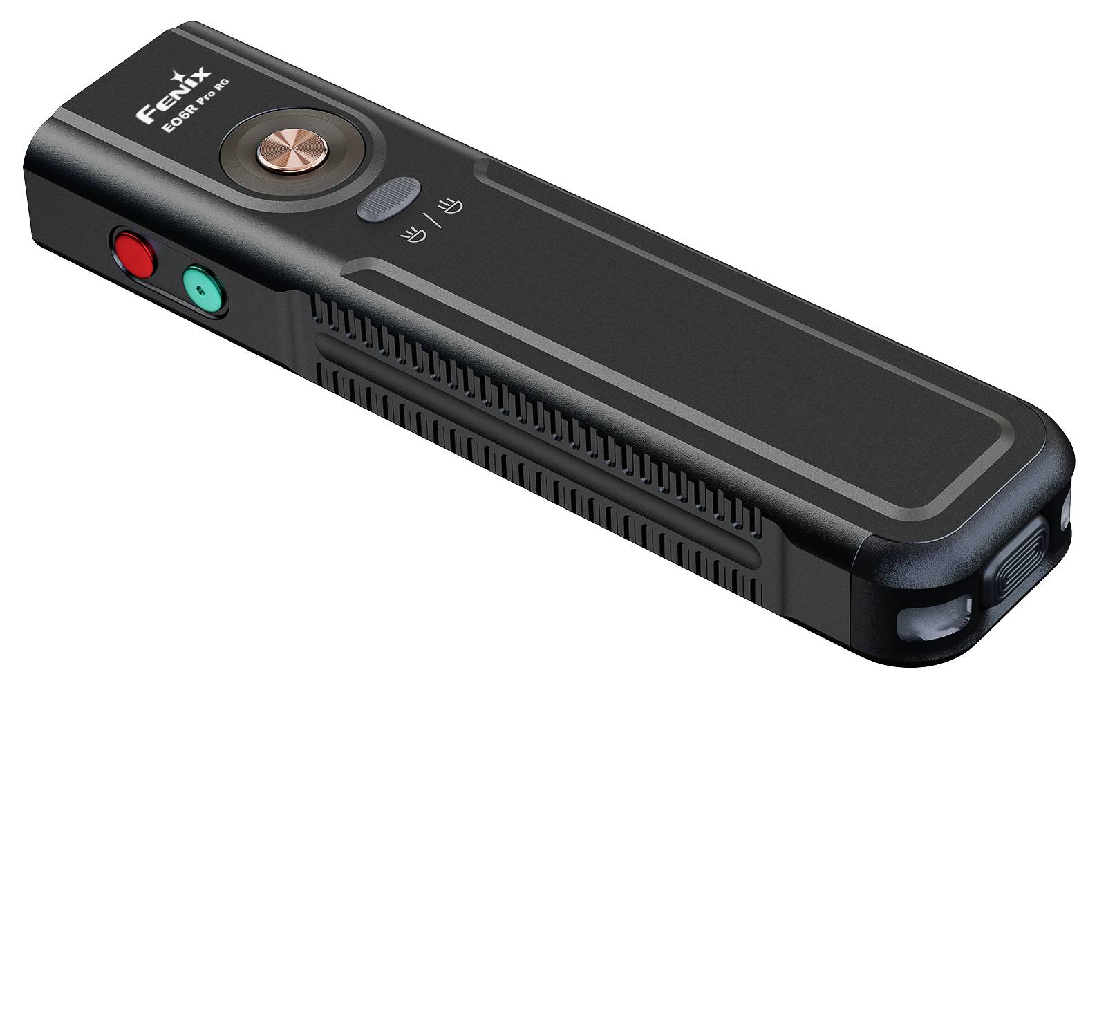 Torcia Black Fenix con pulsanti laterali e un grande interruttore circolare su sfondo bianco.