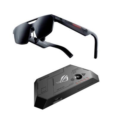Occhiali intelligenti ASUS ROG neri mostrati sopra un astuccio di ricarica angolare abbinato su sfondo bianco.