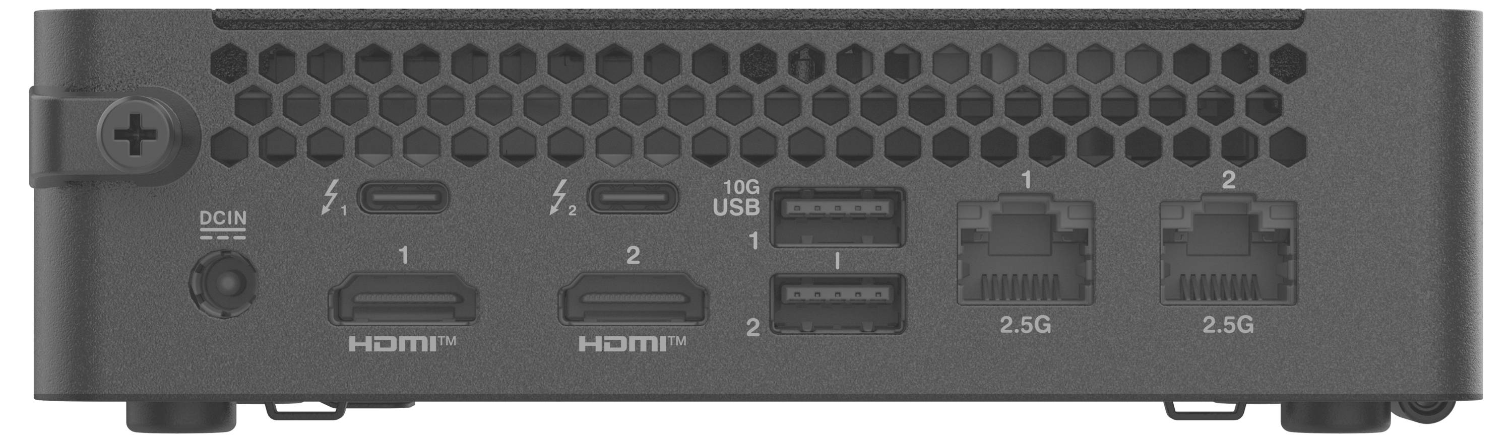 Vista posteriore di un dispositivo che mostra l'ingresso di alimentazione, USB-C, due porte HDMI, due porte USB-A e due porte Ethernet Gigabit a 2,5G.
