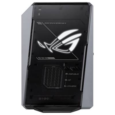 Custodia per PC gaming ASUS ROG nera con un grande logo illuminato Republic of Gamers sul pannello frontale.
