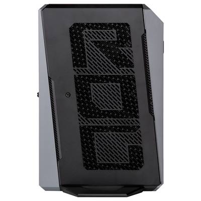 Tower case per PC da tavolo nero e grigio con pannello frontale in stile fibra di carbonio e prese di ventilazione a taglio geometrico, mostrato su sfondo bianco.