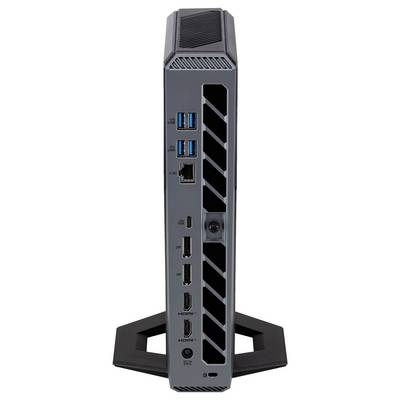 Vista frontale di un mini PC desktop slim con doppi supporti, che mostra le porte USB, Ethernet, molteplici porte HDMI e la presa di alimentazione sul pannello frontale.