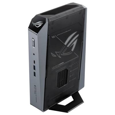 Torre di gioco compatta ASUS ROG con pannello laterale traslucido nero, logo ROG illuminato, porte USB anteriori e supporto