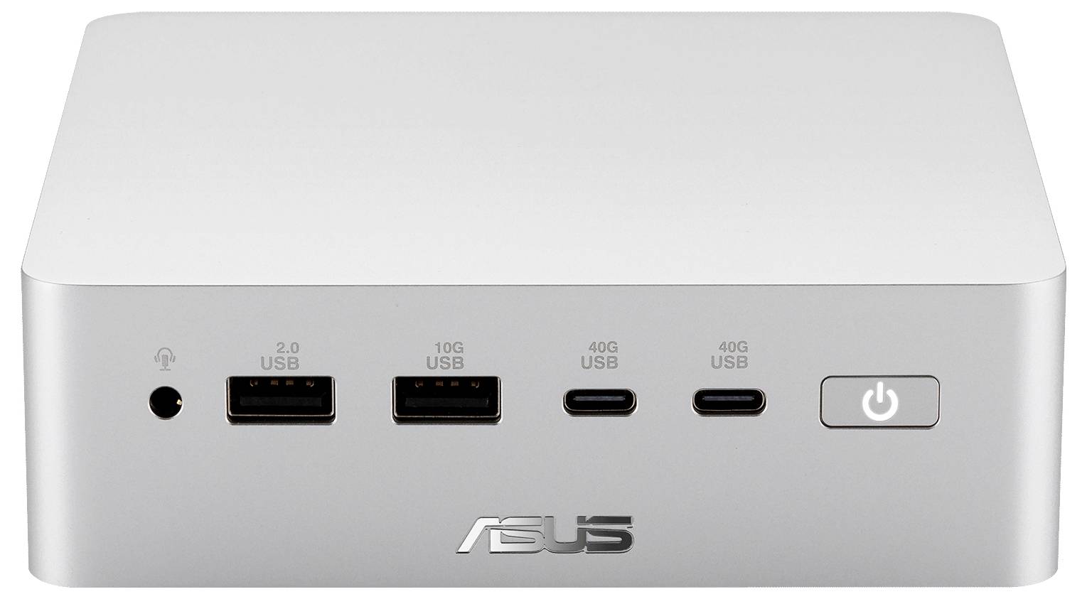Vista frontale di un mini PC ASUS argentato con pulsante di accensione e porte etichettate USB 2.0, USB 10G, USB 40G e jack audio.