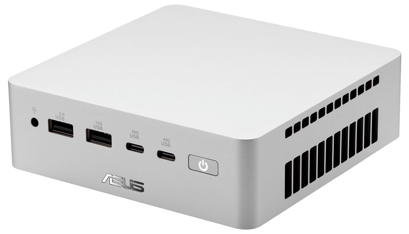 PC mini ASUS argento compatto con porte USB frontali, jack audio, pulsante di accensione e fessure di ventilazione laterali.