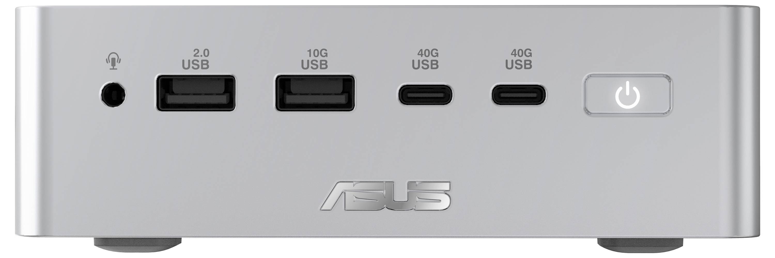 Vista frontale di un dispositivo ASUS con due porte USB 2.0, una porta USB 10G, una porta USB-C 40G e un pulsante di accensione.