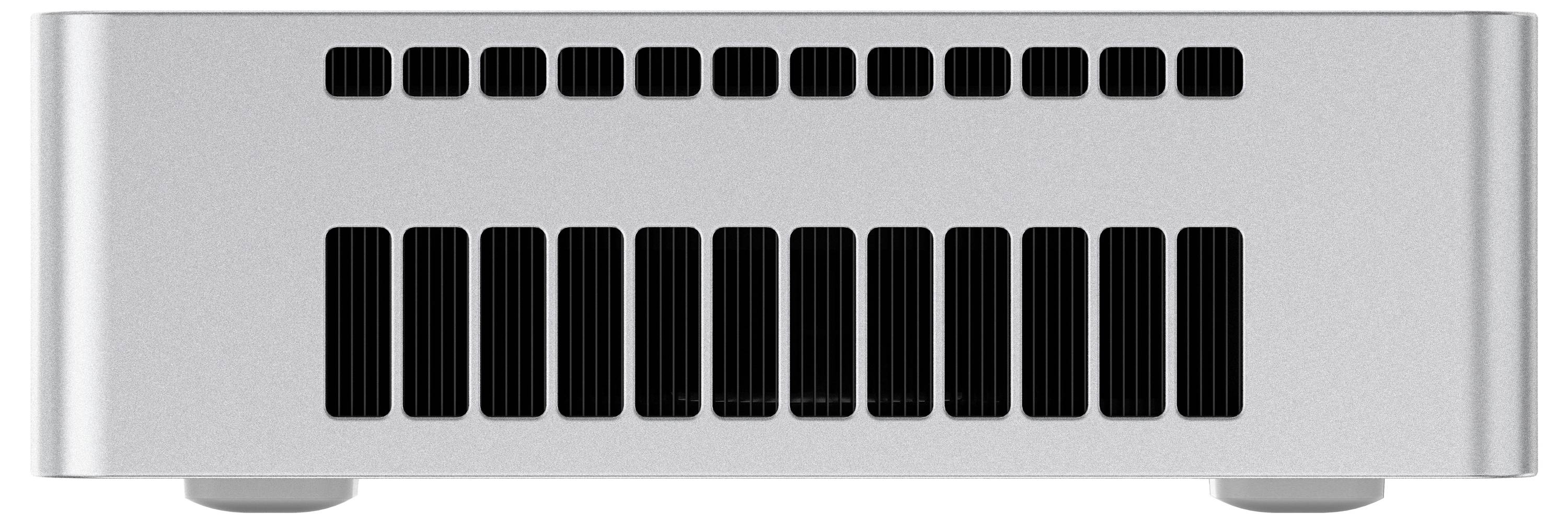 Vista frontale di una torre desktop in stile Mac Pro argento con griglie di ventilazione nere e due piedi visibili.