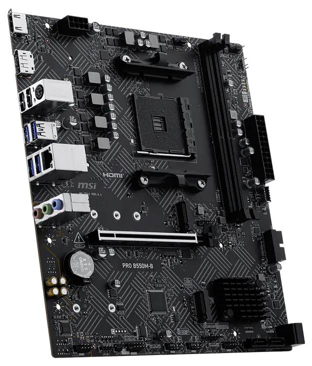 Scheda madre MSI PRO B550M-B nera microATX con socket CPU AMD, slot RAM, slot PCIe, porte USB posteriori, HDMI e porte audio.