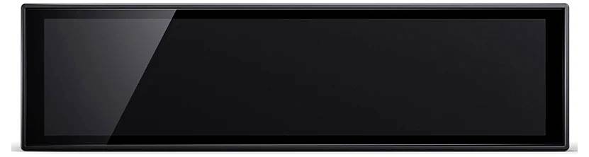 Un elegante televisore o monitor widescreen nero con schermo vuoto, mostrato frontalmente su sfondo bianco.