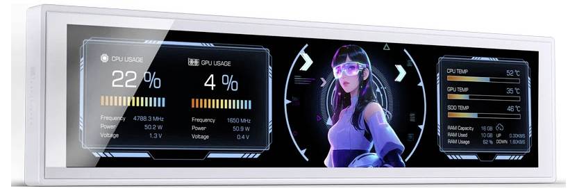 Display bianco sottile che mostra una dashboard futuristica con un avatar di donna neon, utilizzo CPU 22%, utilizzo GPU 4%, e statistiche di sistema su pannelli laterali.