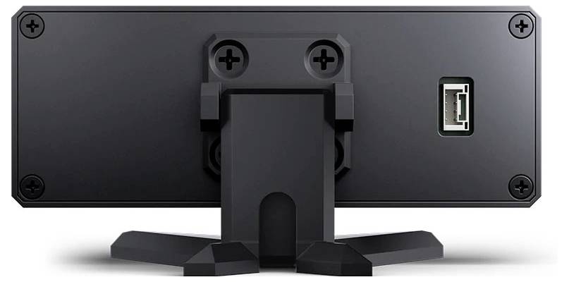Retro di un monitor a schermo piatto su supporto, che mostra il supporto VESA centrale e una porta USB sul lato destro.