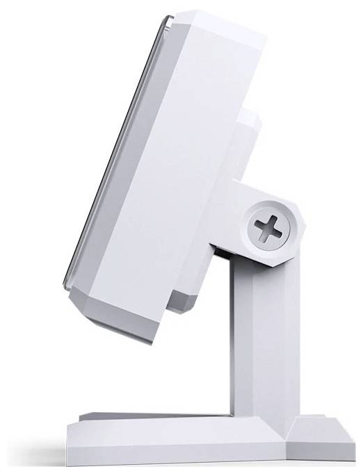 Un monitor desktop bianco su un supporto, mostrato in vista laterale su uno sfondo neutro.