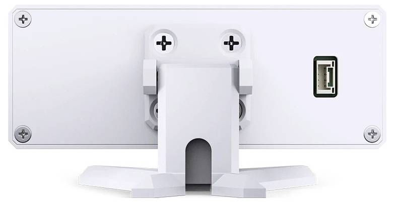 Vista posteriore di una staffa o supporto per dispositivi montato a parete con un supporto centrale e bracci laterali regolabili fissati a un pannello bianco.